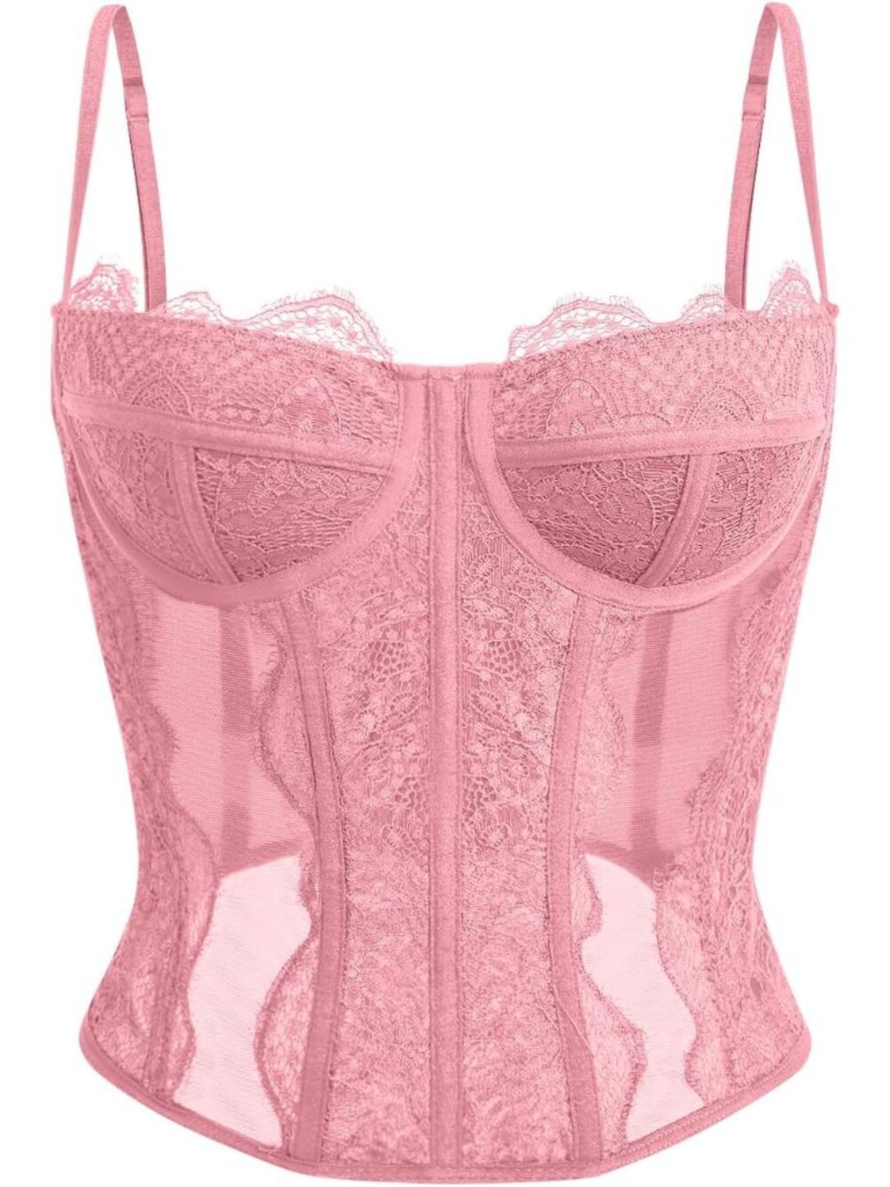 Women's Pink Boned Lace Mesh Underwire Bustier Spaghetti Strap Corset Tank Top
